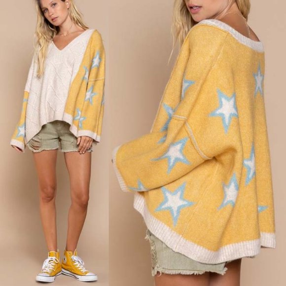 NEW POL Dandelion Blue Star Diamond Knit Color Block V Neck Oversized Sweater - Picture 3 of 11